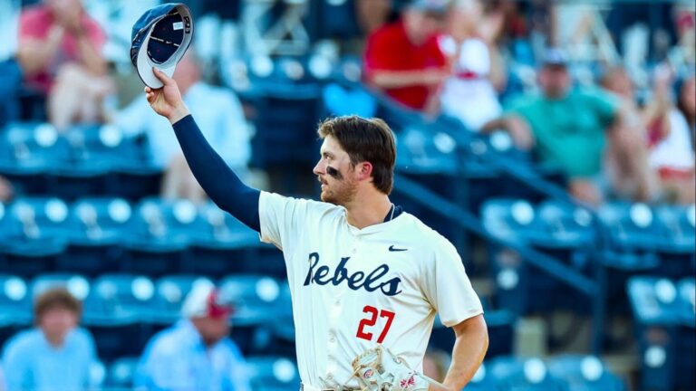 Ole Miss third baseman tips his hat to the fans at Swayze Field after becoming the new career home runs leader at Ole Miss. | Ole Miss Athletics
