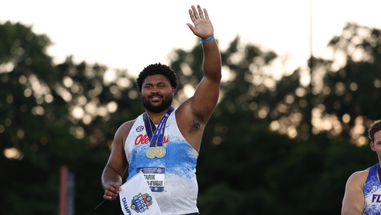 Ole Miss senior Tarik Robinson O’Hagan celebrates another SEC track and field title. | Ole Miss Athletics