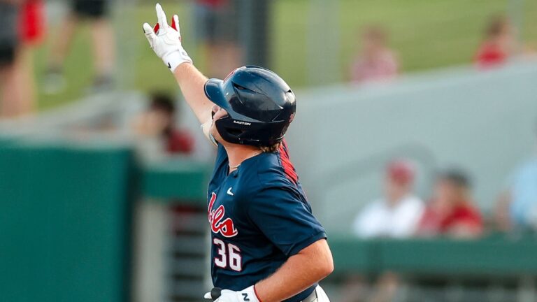 Ole Miss first baseman Will Furniss celebrates his home run against Alabama. | Ole Miss Athletics