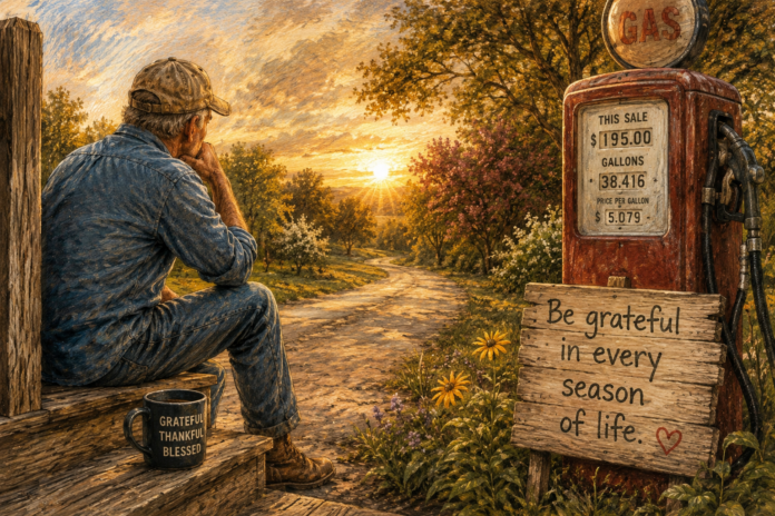 A weary man sits beside an old gas pump at sunset, reflecting on gratitude as a country road stretches into the distance.
