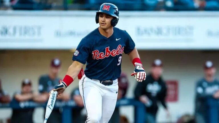 Ole Mis outfielder Hayden Federico heads to first base after drawing a walk Friday against Texas A&M. | Ole Miss Athletics