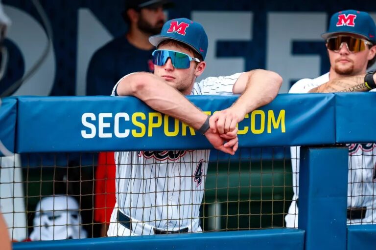 Ole Miss outfielder Cannon Goldin looks on from the dugout before an SEC Tournament game against Missouri. | Ole Miss Athletics