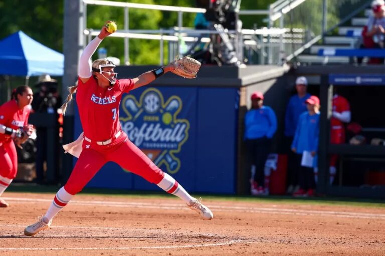 Ole Miss pitcher Emilee Boyer winds up for a pitch against No. 6 Texas at the 2026 SEC Softball Tournament. | Ole Miss Athletics