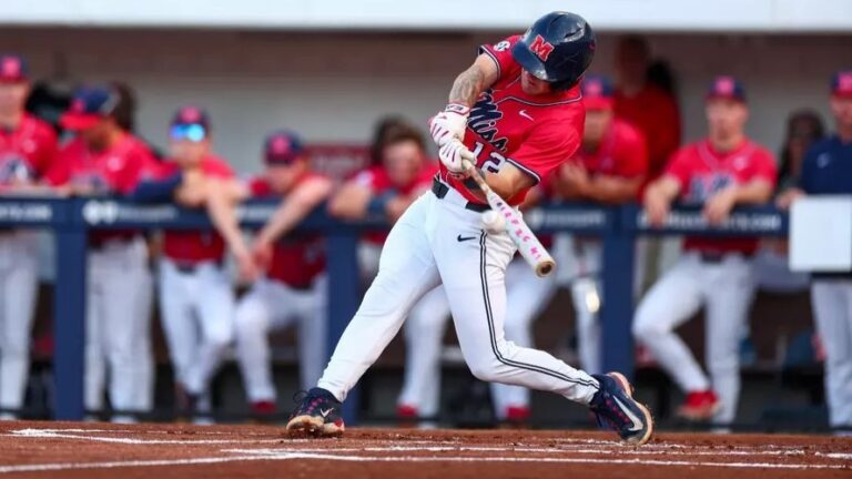 Ole Miss second baseman Dom Decker makes contact for a hit during the second game of a double-header against Texas A&M. | Ole Miss Athletics
