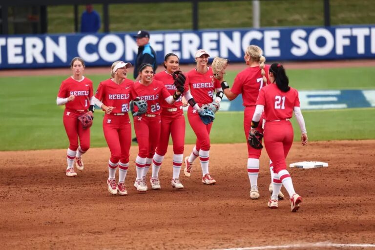 Ole Miss fielders congratulate pitcher Emilee Boyer (7) after a 2-0 win against South Carolina at the 2026 SEC Softball Tournament. | Ole Miss Athletics