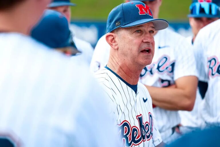 Ole Miss head coach Mike Bianco talks to his players before Tuesday's SEC Tournament game against Missouri. | Ole Miss Athletics