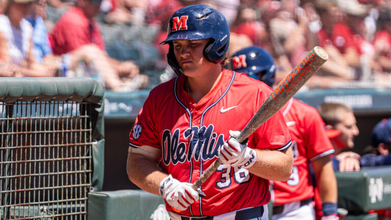 Ole Miss first baseman Will Furniss walks to the plate at No. 22 Arkansas. | Nilsen Roman-HottyToddy.com