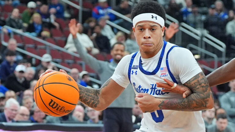 Adam Clark of the Seton Hall Pirates controls the ball during a game against the Providence Friars