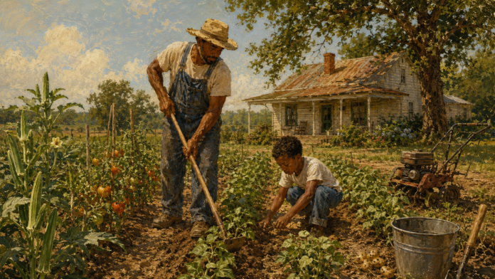 A father and son work in a hot summer garden, hoeing rows of vegetables near a farmhouse and old tiller.