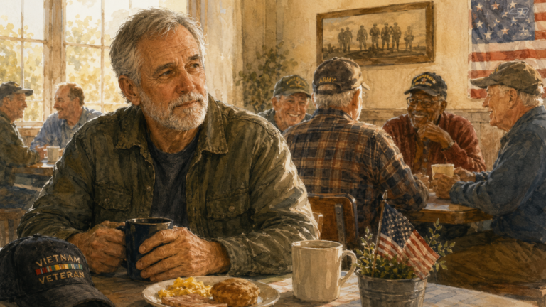 An older veteran sits with coffee at a breakfast gathering while other veterans talk together in a sunlit community room.