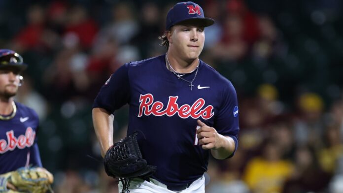 Ole Miss reliever Walker Hooks runs onto the field during a NCAA Regional game against Arizona State. | Ole Miss Athletics