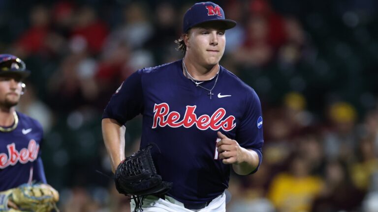 Ole Miss reliever Walker Hooks runs onto the field during a NCAA Regional game against Arizona State. | Ole Miss Athletics