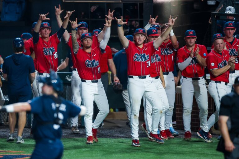 Ole Miss players celebrate a home run in a 6-4 win against Auburn in a NCAA Super Regional game. | Ole Miss Athletics
