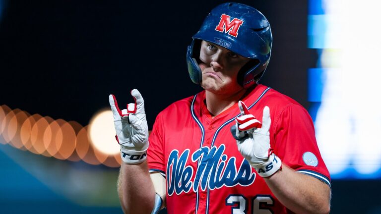 Ole Miss first baseman Will Furniss gestures after getting on base in a NCAA Super Regional game against Auburn. | Ole Miss Athletics