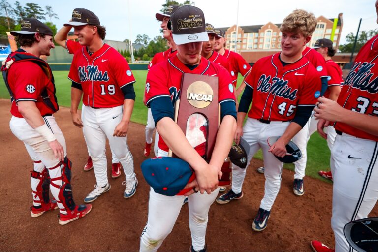 Ole Miss players celebrate a super regional win against Auburn to advance to the College World Series. | Ole Miss Athletics