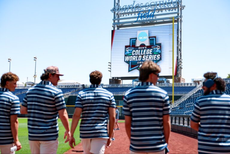 Ole Miss players walk around Charles Schwab Field after arriving in Omaha, Neb. on Wednesday. | Ole Miss Athletics