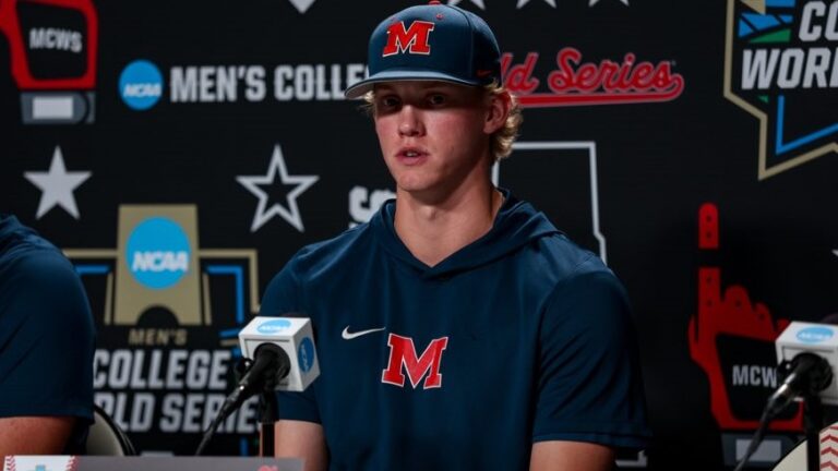 Ole Miss starting pitcher Taylor Rabe answers questions during Thursday's CWS Media Day. | Ole Miss Athletics