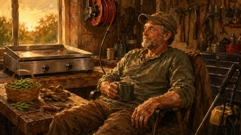 A tired man rests in a rustic workshop with coffee, tools, a griddle, and green beans after a long day of weekend chores.