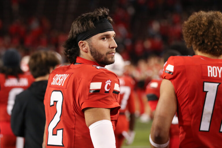 Cincinnati Bearcats quarterback Brendan Sorsby (2) walks off the field
