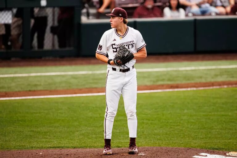 Mississippi State pitcher Charlie Foster prepares to pitch against Georgia during the 2026 season. | Mississippi State Athletics