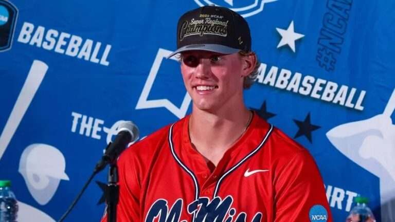 Ole Miss pitcher Taylor Rabe talks to reporters after helping the Rebels clinch a spot in the College World Series. | Ole Miss Athletics