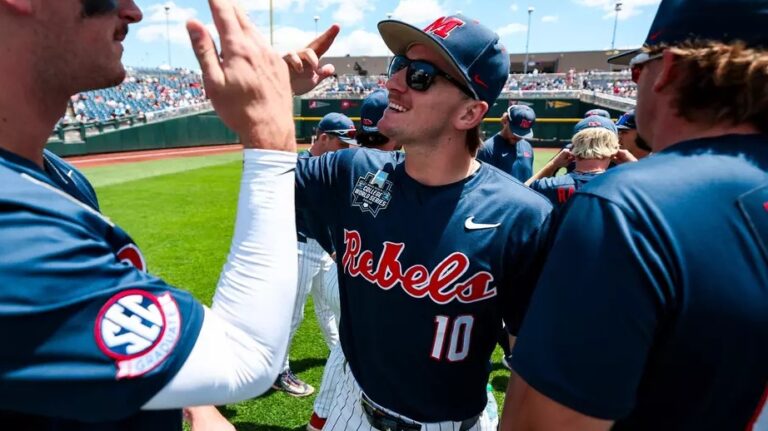 Ole Miss pitcher Cade Townsend and Judd Utermark get ready for a College World Series game against Troy. | Ole Miss Athletics