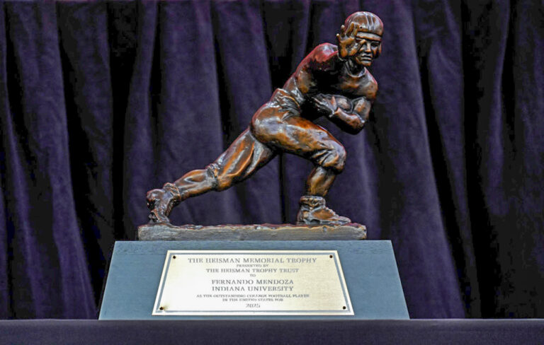 A close up the Heisman Trophy won by Indiana Hoosiers quarterback Fernando Mendoza that is displayed on stage during the Indiana Hoosiers football team celebrating winning the 2025 CFP Championship