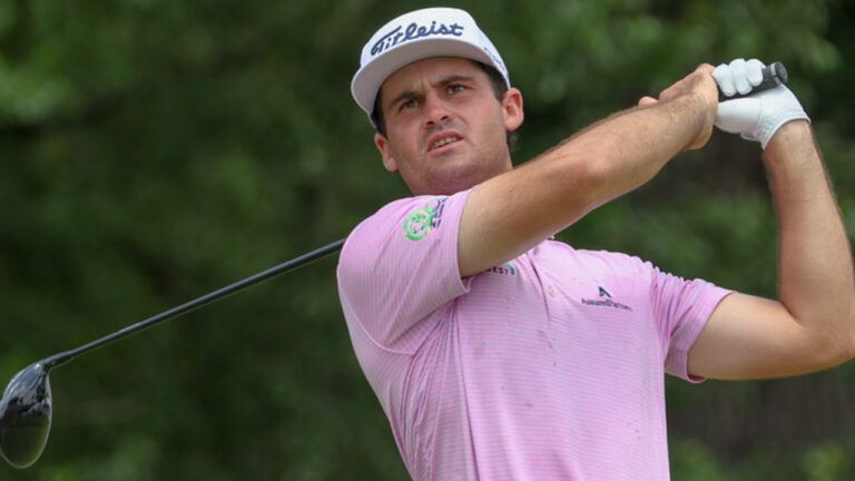 Jackson Suber hits from the 12th tee during the third round of the Charles Schwab Challenge at Colonial Country Club in Fort Worth, Texas