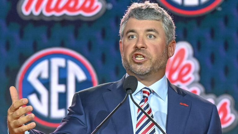 Ole Miss coach Pete Golding at SEC Media Days in Tampa, Fla.