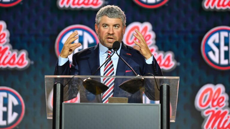 Ole Miss coach Pete Golding SEC Media Days on Wednesday, July 22, 2026 in Tampa, Florida. | Todd Van Emst/SEC