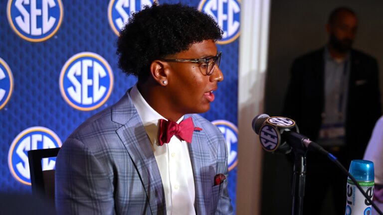 Ole Miss quarterback Trinidad Chambliss at 2026 SEC Media Days. | SEC