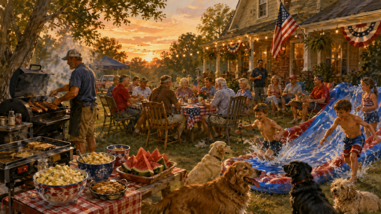 A large Fourth of July family gathering in a rural backyard with food, flags, children on a water slide and dogs nearby.