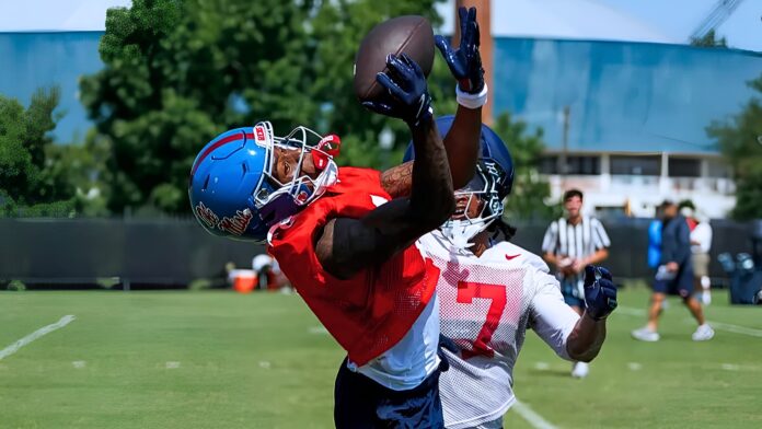 An Ole Miss wide receiver makes a one-handed catch during the first preseason practice of the 2026 season. | Ole Miss Athletics