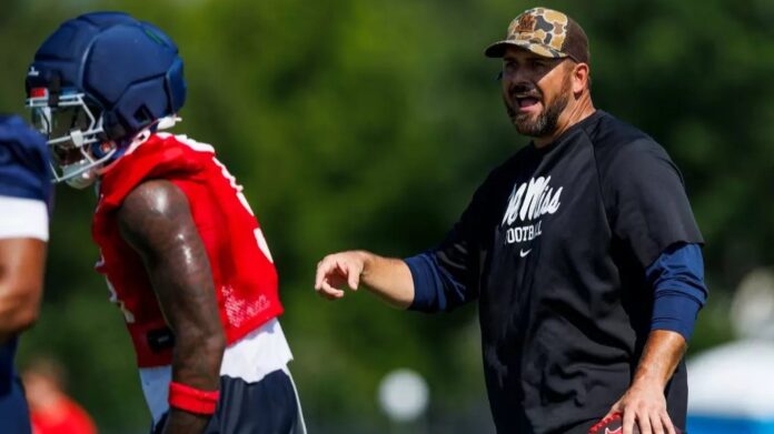 Ole Miss offensive coordinator John David Baker during the first preseason practice of the season. | Ole Miss Athletics