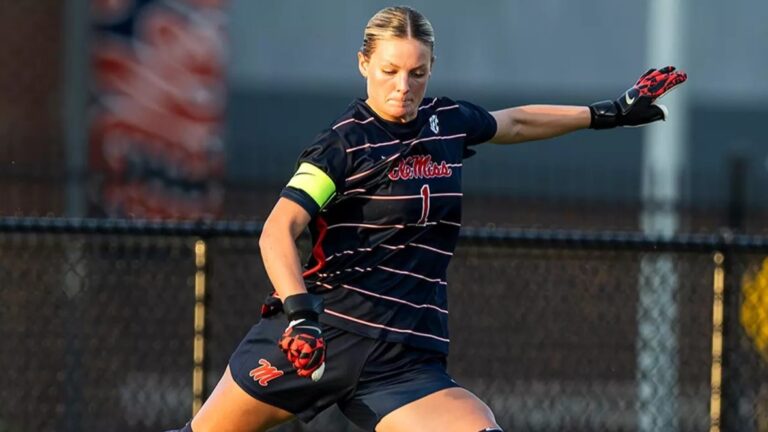 Ole Miss goalie Taylor Prigge delivers a goal kick against Charleston. | Ole Miss Athletics
