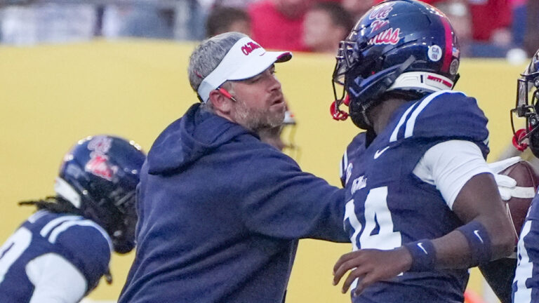 Ole Miss Rebels coach Pete Golding in pregame warmups bfore game against the Louisville Cardinals