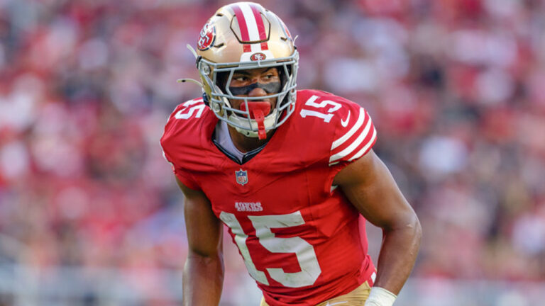 De'Zhaun Stribling (15) of the San Francisco 49ers looks on before a snap during a preseason NFL game against the Tennessee Titans at Levi's Stadium in Santa Clara, Calif.