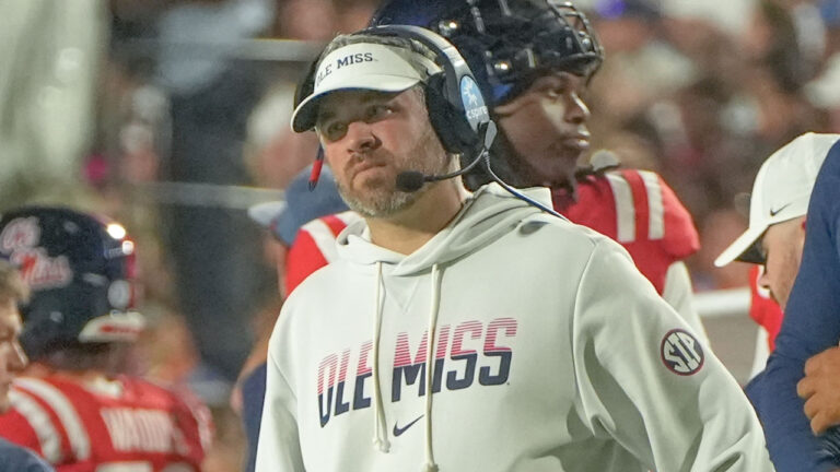 Ole Miss Rebels coach Pete Golding on the sidelines during game against the Charlotte 49ers at Vaught-Hemingway Stadium