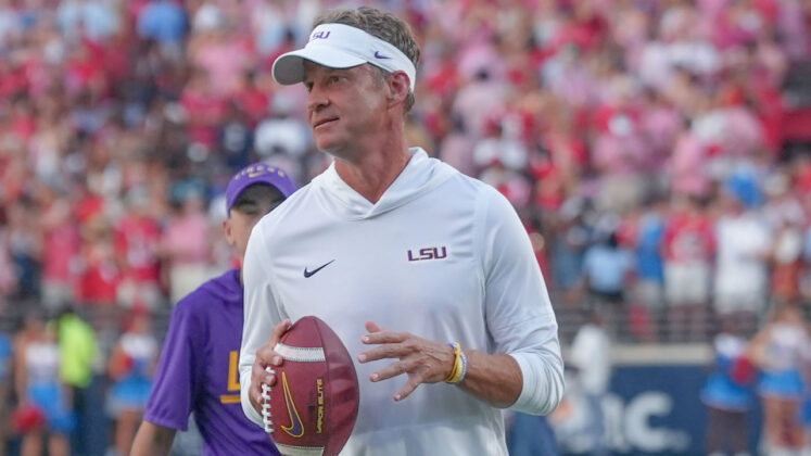 LSU coach Lane Kiffin before game against Ole Miss at Vaught-Hemingway Stadium