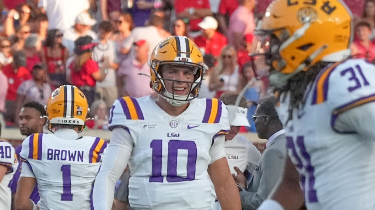 LSU quarterback Sam Leavitt before game against LSU at Vaught-Hemingway Stadium