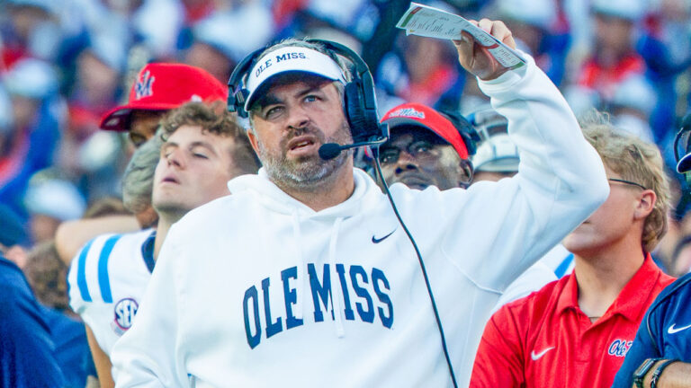Ole Miss Rebels coach Pete Golding in game against the Florida Gators at Ben Hill Griffin Stadium
