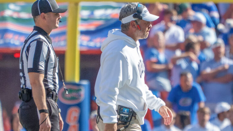 Ole Miss Rebels coach Pete Golding in game against the Florida Gators at Ben Hill Griffin Stadium