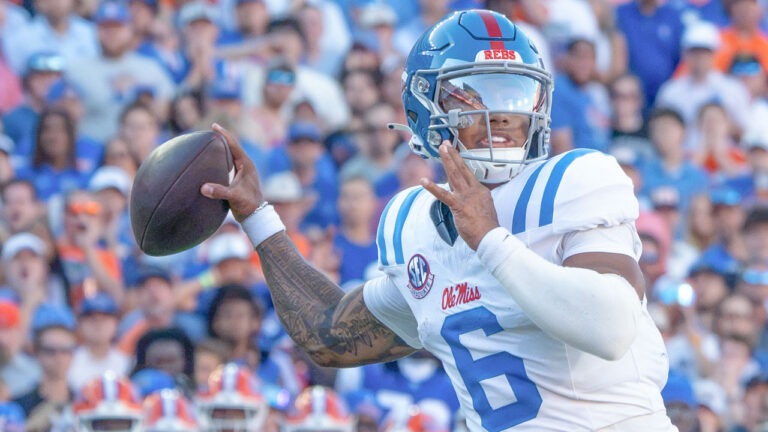 Ole Miss Rebels quarterback Trinidad Chambliss in game against the Florida Gators at Ben Hill Griffin Stadium