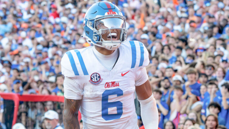 Ole Miss Rebels quarterback Trinidad Chambliss in game against the Florida Gators at Ben Hill Griffin Stadium