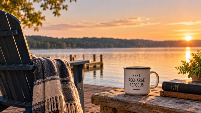 An empty lakeside chair beside a table with coffee and a Bible at sunset, symbolizing rest, reflection, and time away from work.