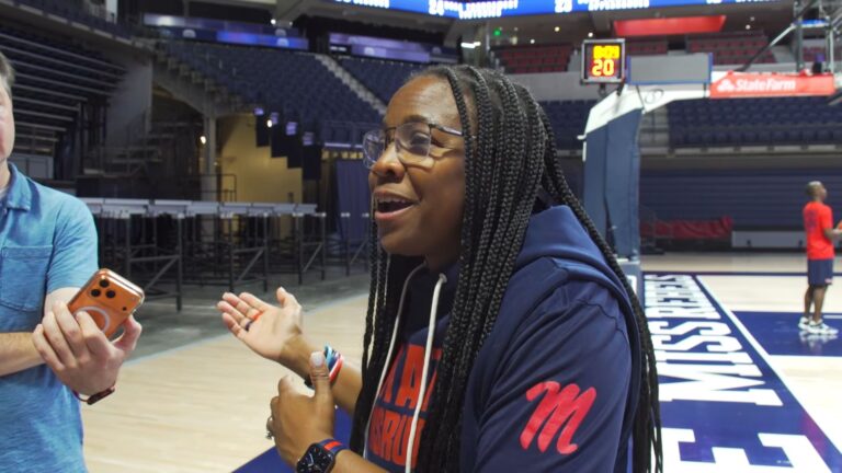 Ole Miss coach Yolett McPhee-McCuin talks to reporters at the team's first practice of the fall. | Ole Miss Athletics/YouTube