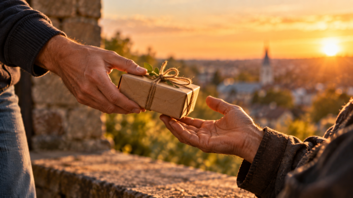 Two people exchange a small wrapped gift at sunset, symbolizing generosity, grace, and freely given kindness.