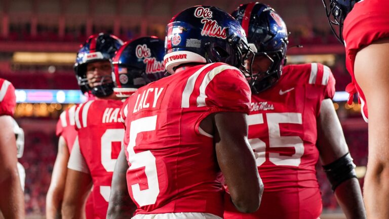 Ole Miss running back Kewan Lacy celebrates a touchdown against Charlotte on Saturday night. | Ole Miss Athletics