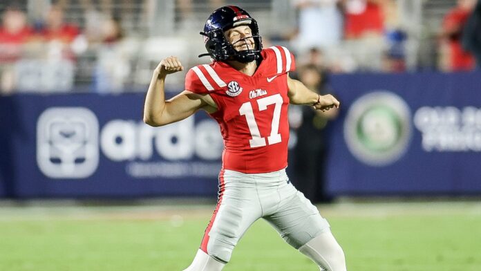 Ole Miss kicker Lucas Carneiro celebrates his 57-yard field goal in the second quarter against Charlotte. | Ole Miss Athletics