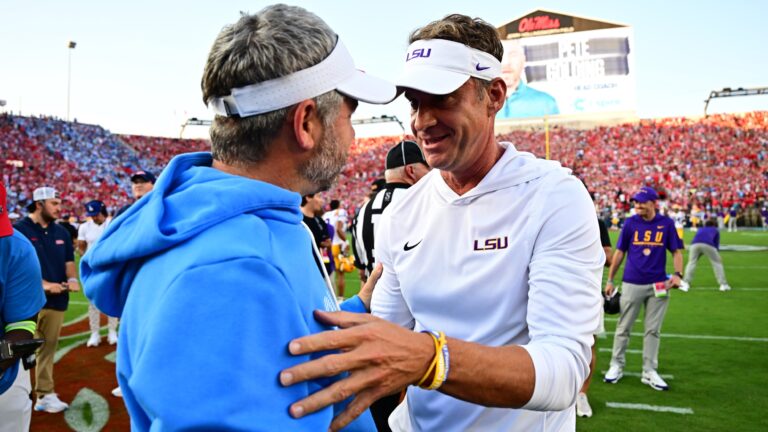 LSU coach Lane Kiffin and Ole Miss coach Pete Golding meet before Kiffin’s first game back at Vaught-Hemingway Stadium. | LSU Athletics/X